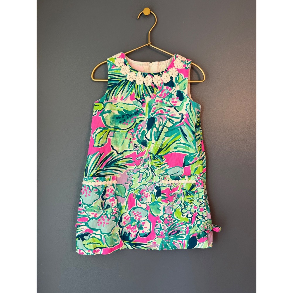 Lilly Pulitzer Girls Pink Green Tropical Floral Corduroy Shift Dress Size 5